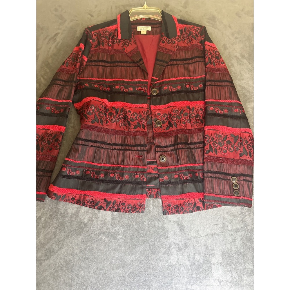 VTG 06' Red Black Floral Pleated Blazer Jacket Large
